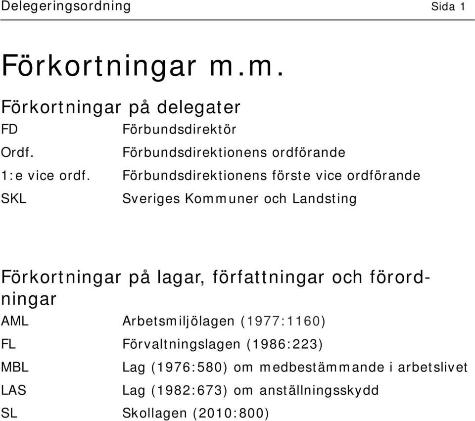 förste vice ordförande SKL Sveriges Kommuner och Landsting Förkortningar på lagar, författningar och