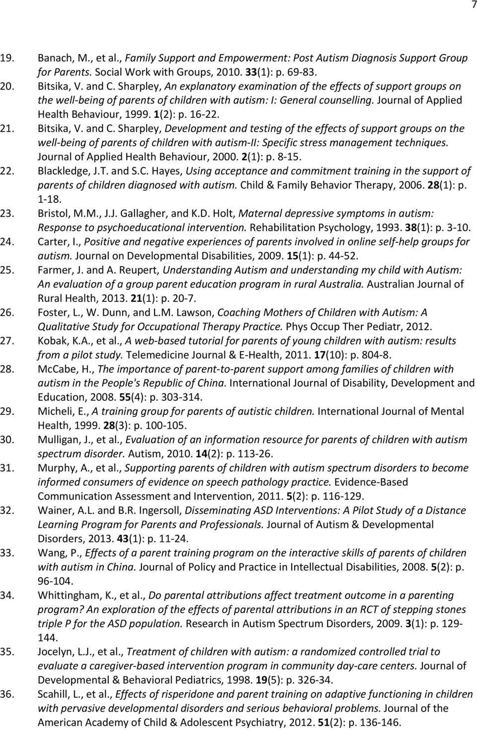 16 22. 21. Bitsika, V. and C. Sharpley, Development and testing of the effects of support groups on the well being of parents of children with autism II: Specific stress management techniques.