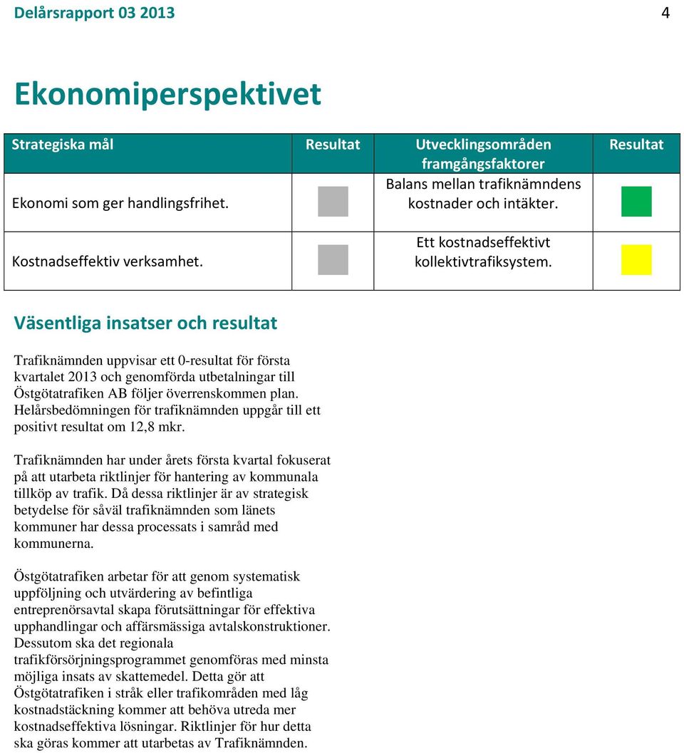 Väsentliga insatser och resultat Trafiknämnden uppvisar ett 0-resultat för första kvartalet 2013 och genomförda utbetalningar till Östgötatrafiken AB följer överrenskommen plan.