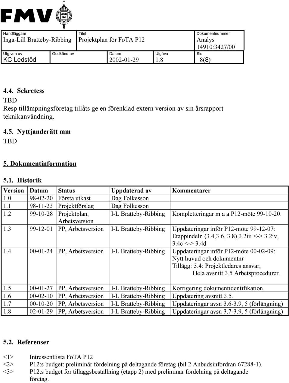 2 99-10-28 Projektplan, I-L Bratteby-Ribbing Kompletteringar m a a P12-möte 99-10-20. Arbetsversion 1.