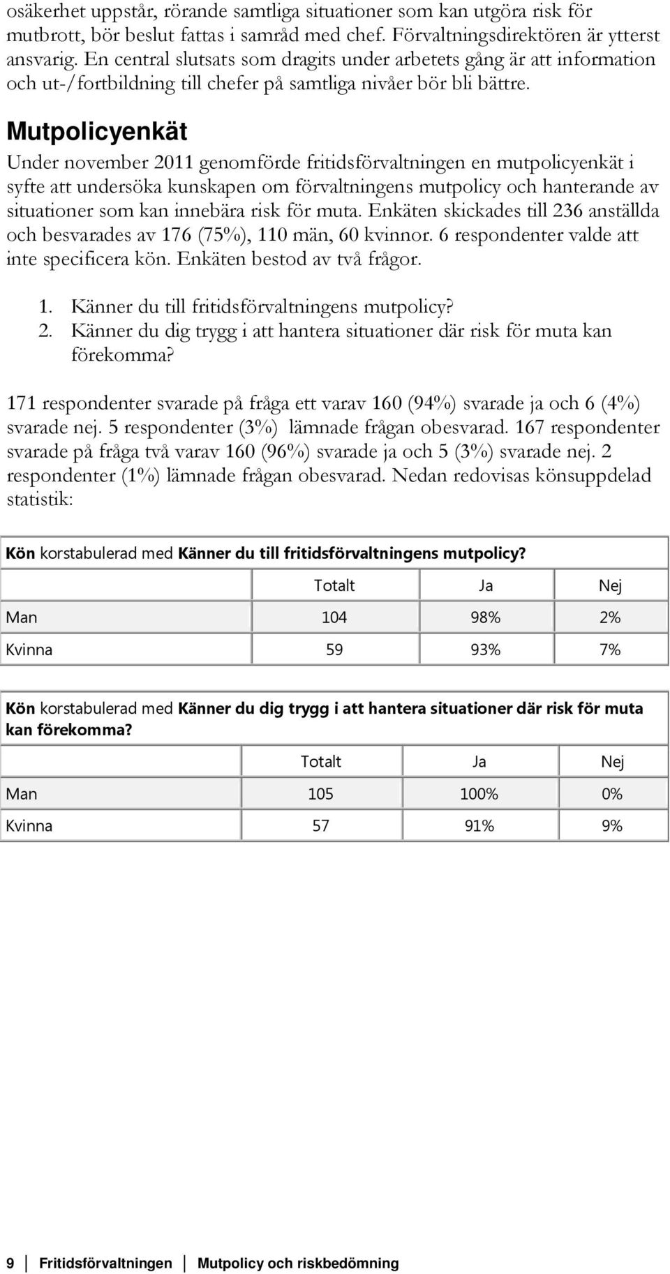 Mutpolicyenkät Under november 2011 genomförde fritidsförvaltningen en mutpolicyenkät i syfte att undersöka kunskapen om förvaltningens mutpolicy och hanterande av situationer som kan innebära risk