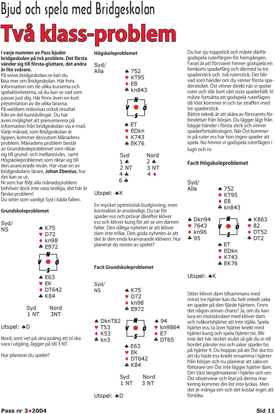 kn98 E972 DknT82 94 T53 kn9864 K53 E7 kn3 DT65 E63 EK DT642 K84 Utspel: D Syd Nord 1 NT 3 NT Syd/ Alla