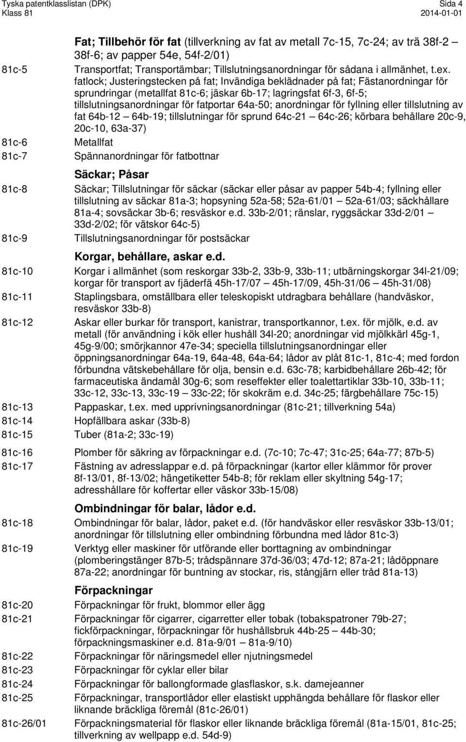 fatlock; Justeringstecken på fat; Invändiga beklädnader på fat; Fästanordningar för sprundringar (metallfat 81c-6; jäskar 6b-17; lagringsfat 6f-3, 6f-5; tillslutningsanordningar för fatportar 64a-50;