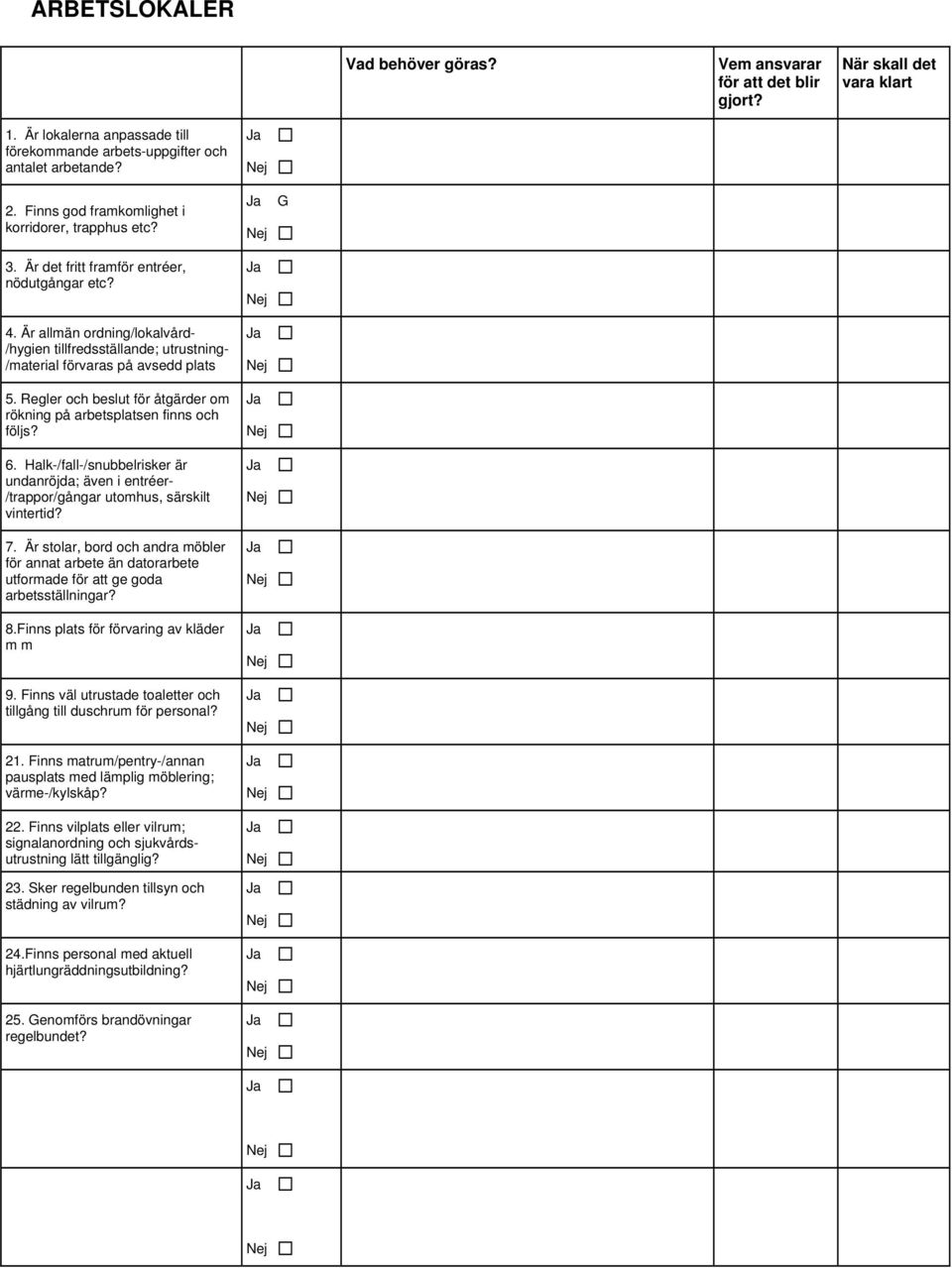 Är allmän ordning/lokalvård- /hygien tillfredsställande; utrustning- /material förvaras på avsedd plats 5. Regler och beslut för åtgärder om rökning på arbetsplatsen finns och följs? 6.