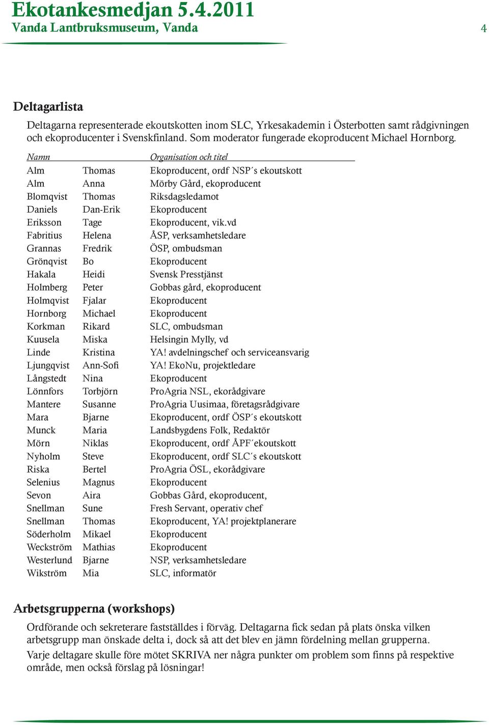 Namn Organisation och titel Alm Thomas Ekoproducent, ordf NSP s ekoutskott Alm Anna Mörby Gård, ekoproducent Blomqvist Thomas Riksdagsledamot Daniels Dan-Erik Ekoproducent Eriksson Tage Ekoproducent,