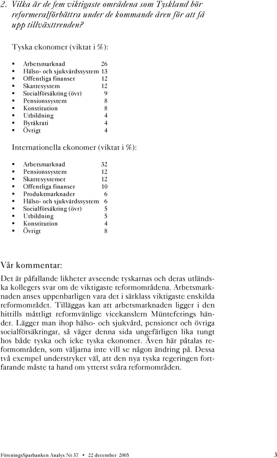 Övrigt 4 Internationella ekonomer (viktat i %): Arbetsmarknad 32 Pensionssystem 12 Skattesystemet 12 Offentliga finanser 10 Produktmarknader 6 Hälso- och sjukvårdssystem 6 Socialförsäkring (övr) 5