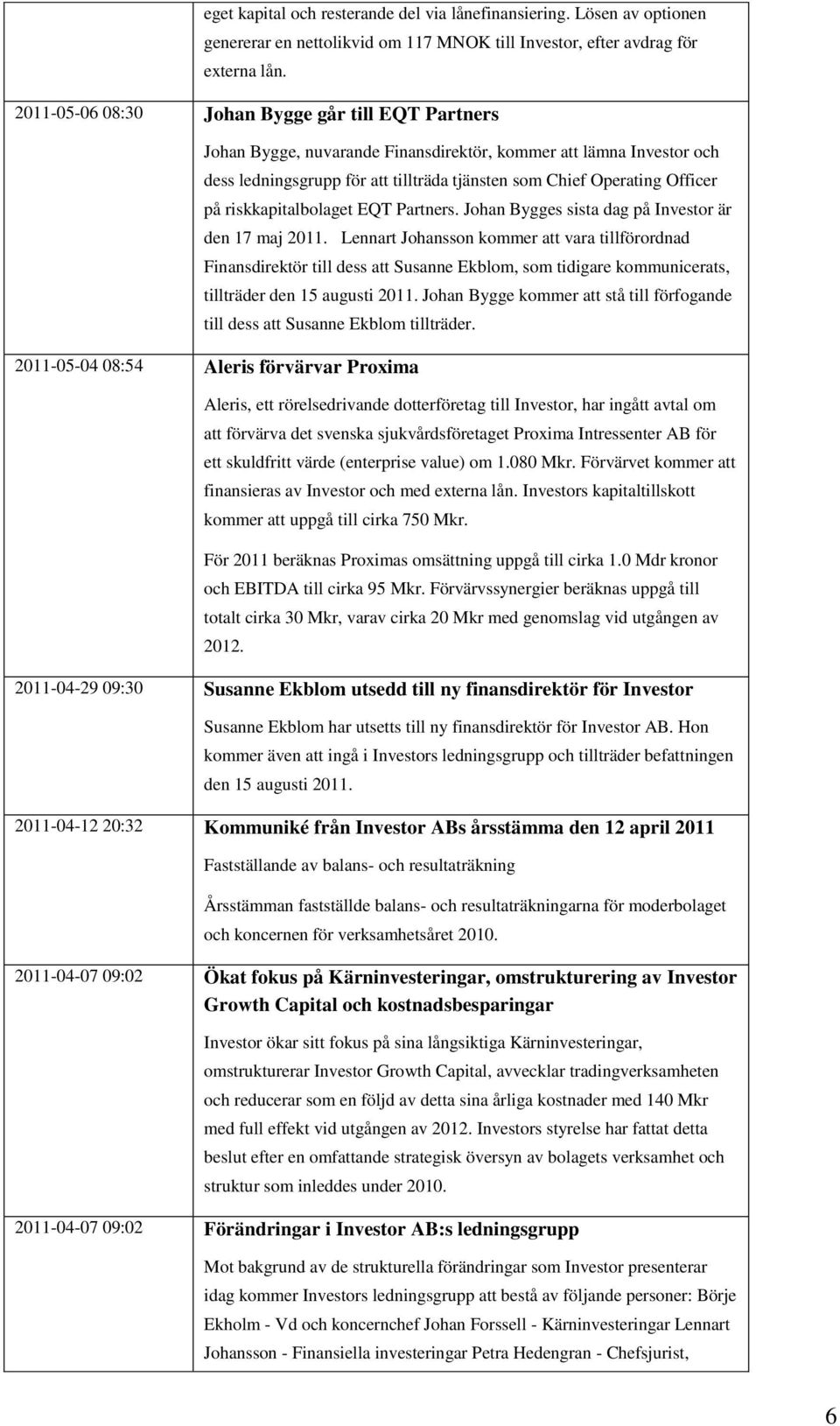 riskkapitalbolaget EQT Partners. Johan Bygges sista dag på Investor är den 17 maj 2011.