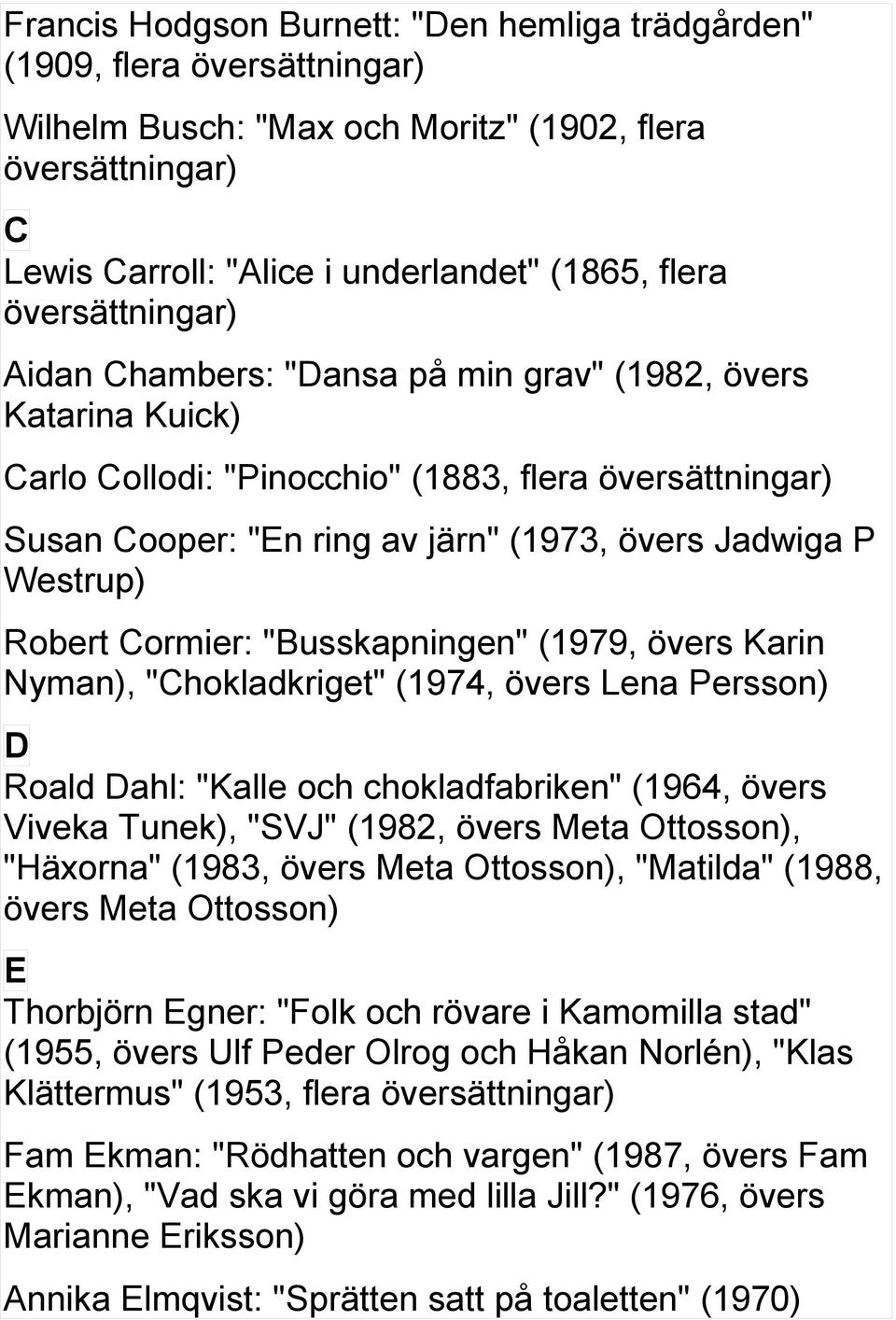 "Chokladkriget" (1974, övers Lena Persson) D Roald Dahl: "Kalle och chokladfabriken" (1964, övers Viveka Tunek), "SVJ" (1982, övers Meta Ottosson), "Häxorna" (1983, övers Meta Ottosson), "Matilda"