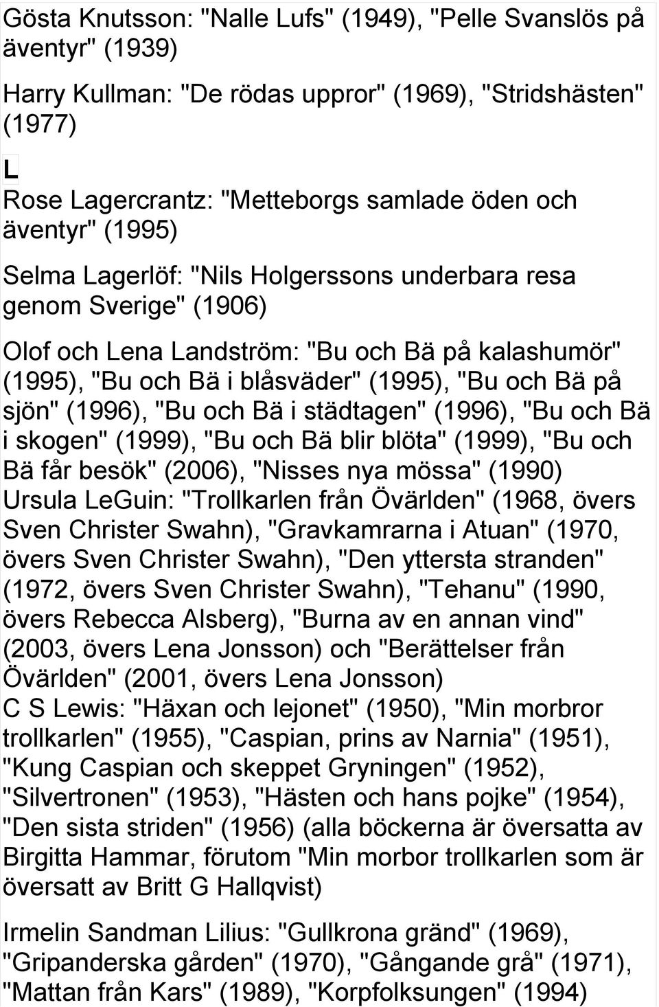 Bä i städtagen" (1996), "Bu och Bä i skogen" (1999), "Bu och Bä blir blöta" (1999), "Bu och Bä får besök" (2006), "Nisses nya mössa" (1990) Ursula LeGuin: "Trollkarlen från Övärlden" (1968, övers