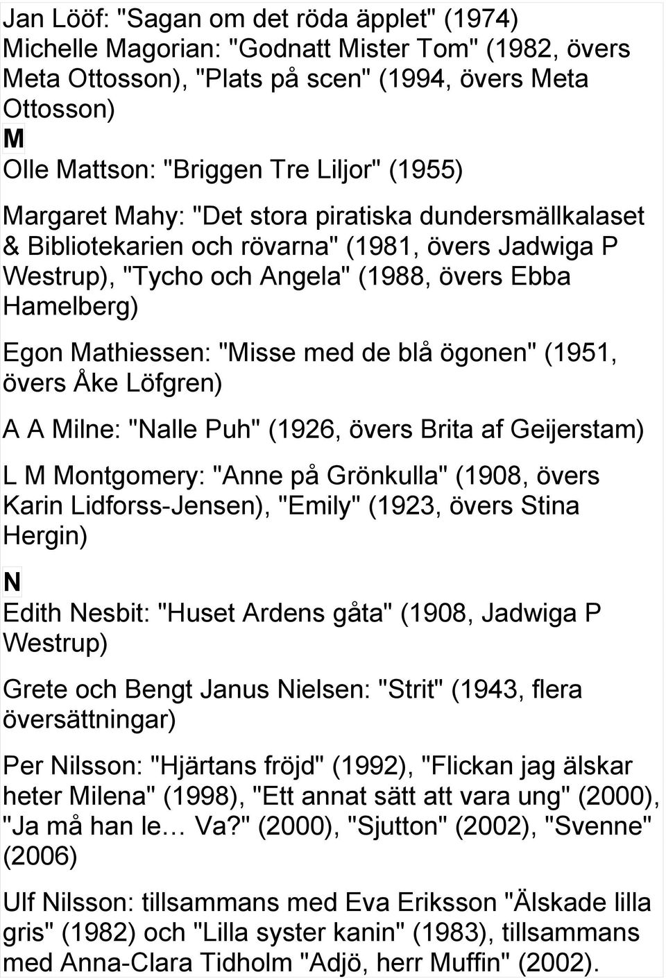 med de blå ögonen" (1951, övers Åke Löfgren) A A Milne: "Nalle Puh" (1926, övers Brita af Geijerstam) L M Montgomery: "Anne på Grönkulla" (1908, övers Karin Lidforss-Jensen), "Emily" (1923, övers