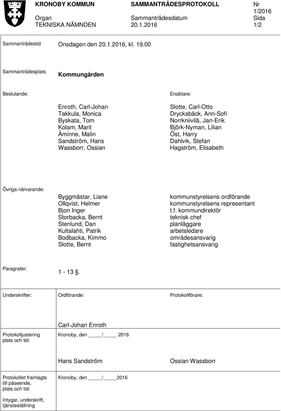 Ann-Sofi Norrkniivilä, Jan-Erik Björk-Nyman, Lilian Öst, Harry Dahlvik, Stefan Hagström, Elisabeth Övriga närvarande: Byggmästar, Liane Ollqvist, Helmer Bjon Inger Storbacka, Bernt Stenlund, Dan