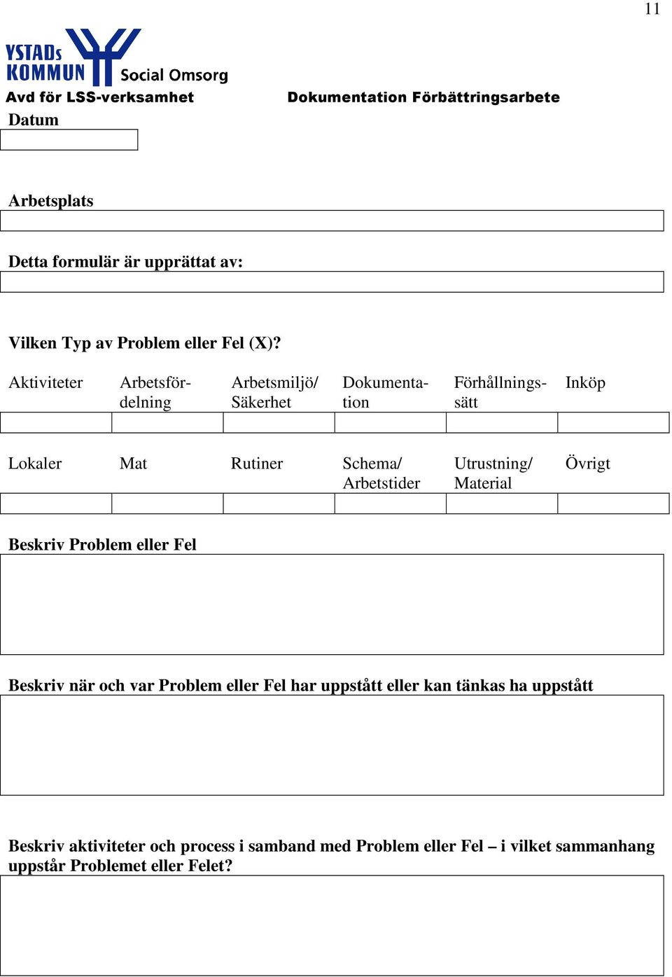 Aktiviteter Arbetsfördelning Arbetsmiljö/ Säkerhet Dokumentation Förhållningssätt Inköp Lokaler Mat Rutiner Schema/ Arbetstider