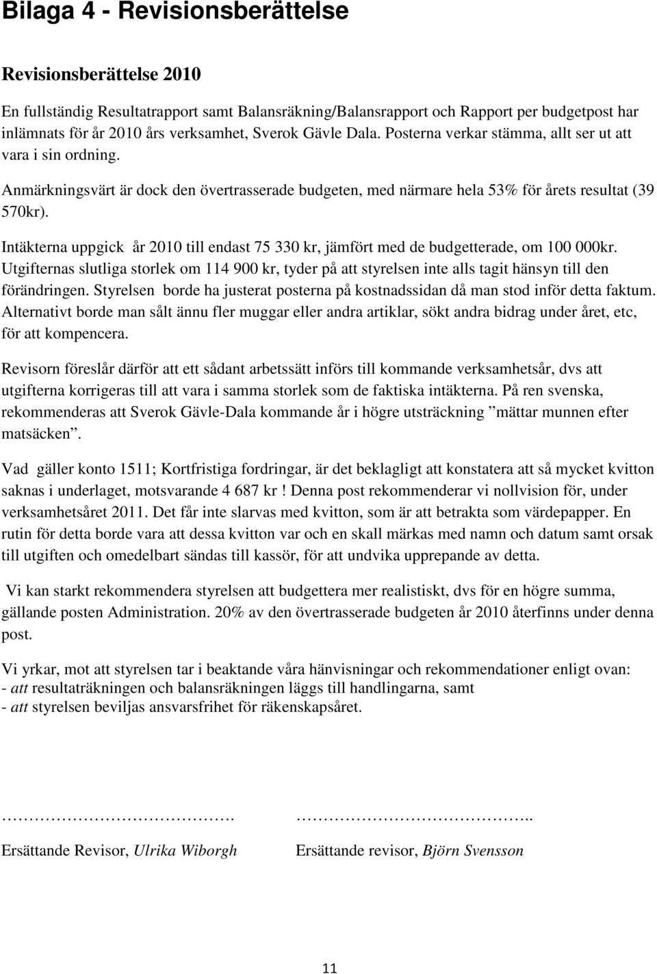 Intäkterna uppgick år 2010 till endast 75 330 kr, jämfört med de budgetterade, om 100 000kr.