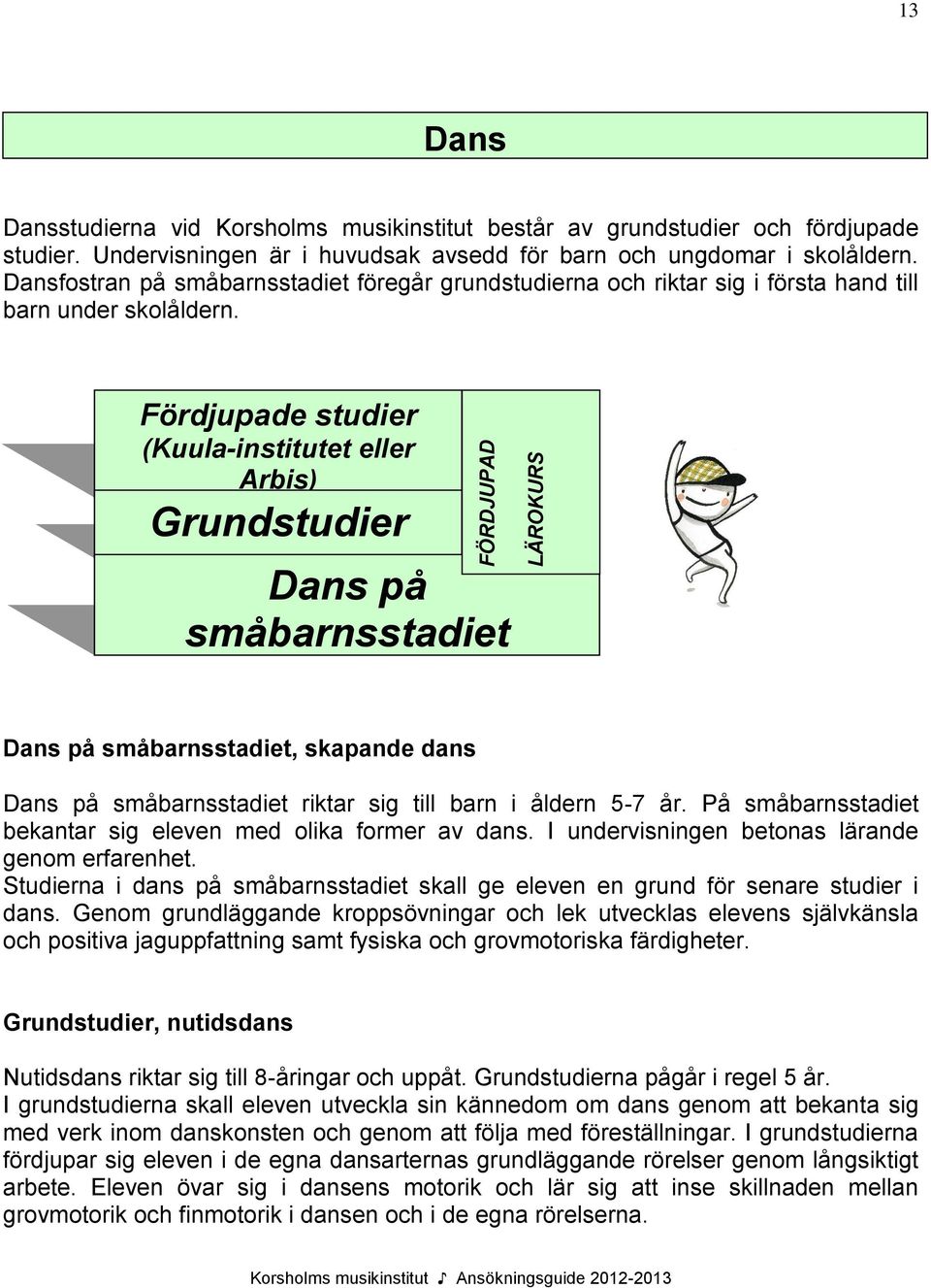 Fördjupade studier (Kuula-institutet eller Arbis) Grundstudier Dans på småbarnsstadiet Dans på småbarnsstadiet, skapande dans Dans på småbarnsstadiet riktar sig till barn i åldern 5-7 år.