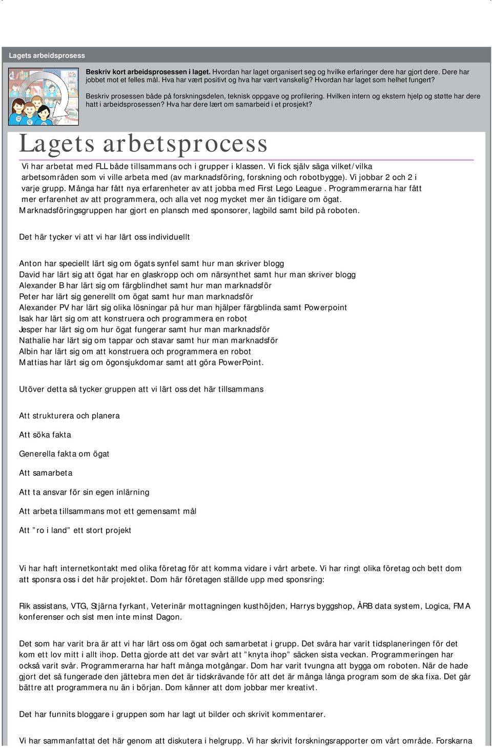 Hvilken intern og ekstern hjelp og støtte har dere hatt i arbeidsprosessen? Hva har dere lært om samarbeid i et prosjekt?