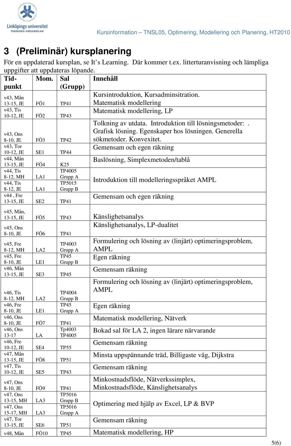 Sal (Grupp) Innehåll v43, Mån 13-15, JE FÖ1 TP41 v43, Tis 10-12, JE FÖ2 TP43 v43, Ons 8-10, JE FÖ3 TP42 v43, Tor 10-12, JE SE1 TP44 v44, Mån 13-15, JE FÖ4 K25 v44, Tis TP4005 8-12, MH LA1 v44, Tis