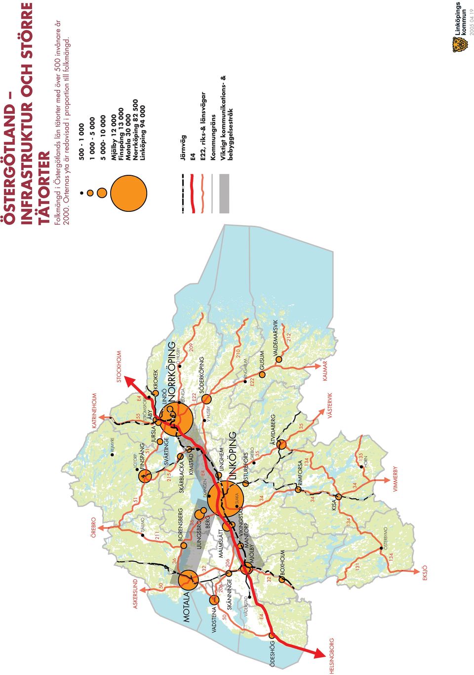 000 500-1 000 2005 04 19 Folkmängd i Östergötlands län tätorter med över 500 invånare år 2000.