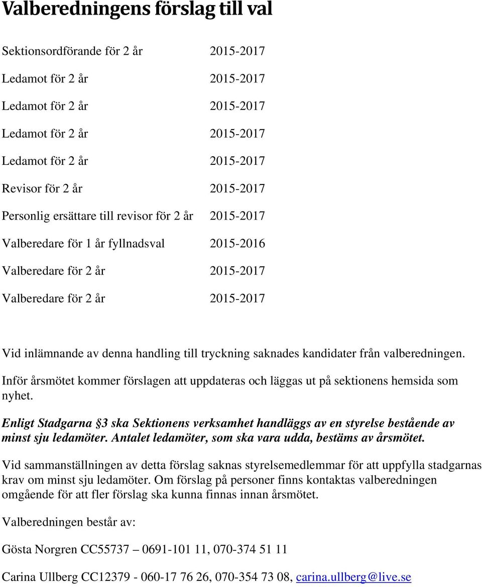 till tryckning saknades kandidater från valberedningen. Inför årsmötet kommer förslagen att uppdateras och läggas ut på sektionens hemsida som nyhet.