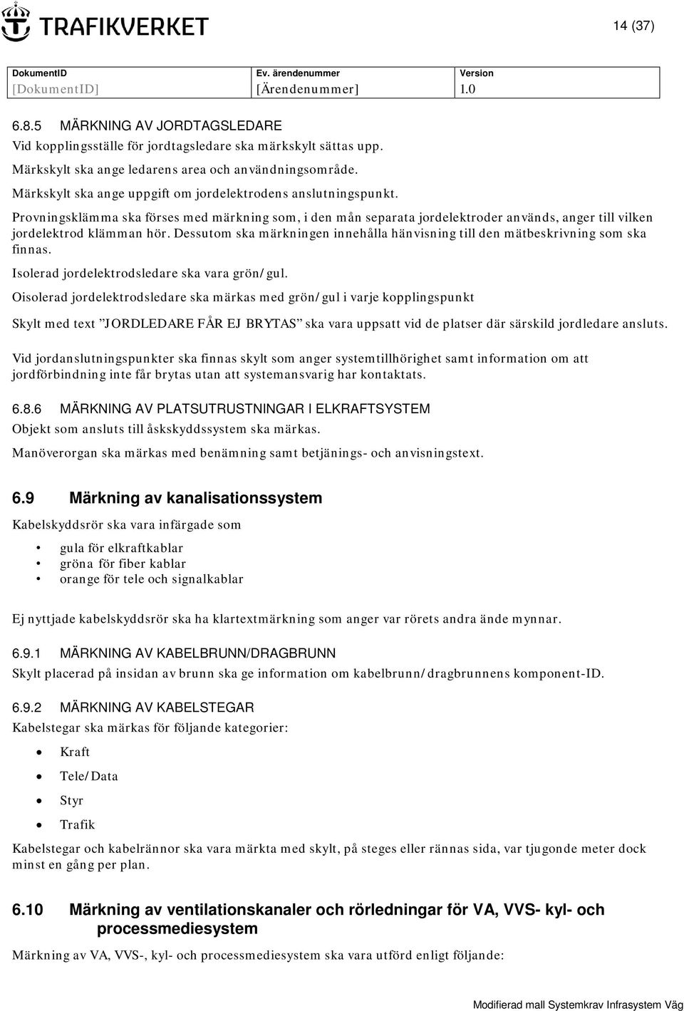 Dessutom ska märkningen innehålla hänvisning till den mätbeskrivning som ska finnas. Isolerad jordelektrodsledare ska vara grön/gul.