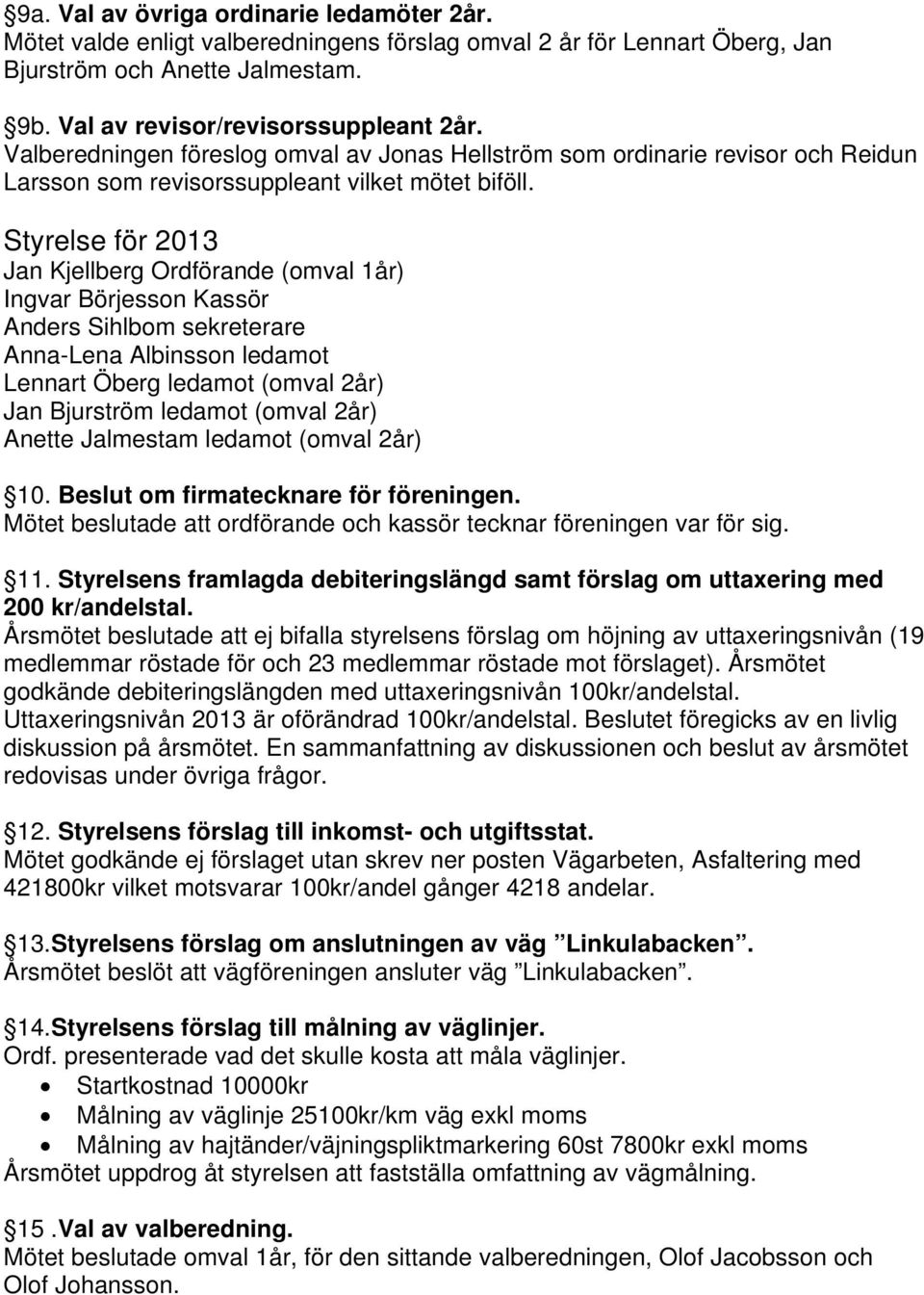 Styrelse för 2013 Jan Kjellberg Ordförande (omval 1år) Ingvar Börjesson Kassör Anders Sihlbom sekreterare Anna-Lena Albinsson ledamot Lennart Öberg ledamot (omval 2år) Jan Bjurström ledamot (omval