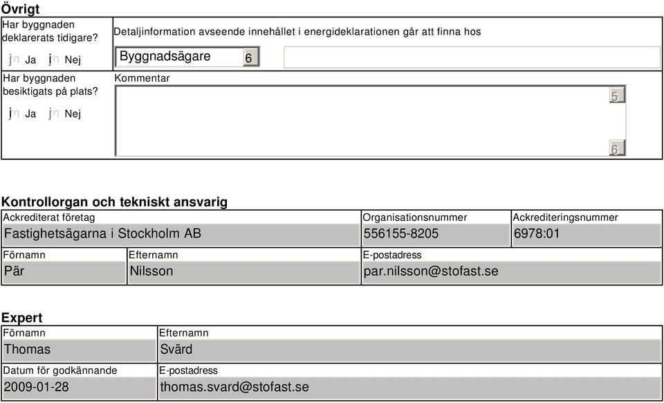 tekniskt ansvarig Ackrediterat företag Fastighetsägarna i Stockholm AB Förnamn Pär Efternamn Nilsson Organisationsnummer