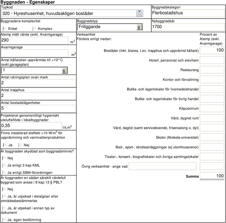 garageplan) 1 Antal våningsplan ovan mark 2 Antal trapphus 2 Antal bostadslägenheter 5 6 Projekterat genomsnittligt hygieniskt uteluftsflöde i lokalbyggnader 0,35 l/s,m 2 Finns installerad eleffekt