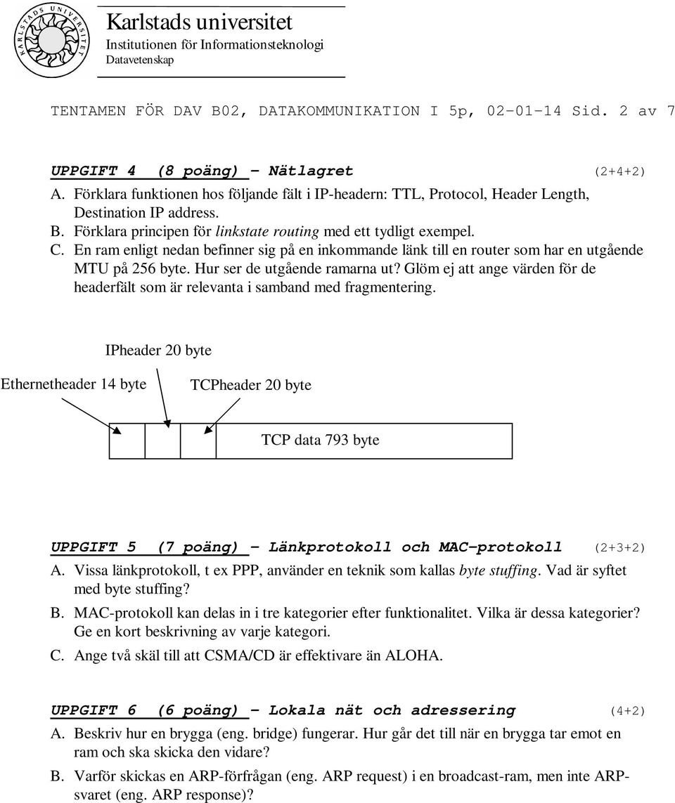 En ram enligt nedan befinner sig på en inkommande länk till en router som har en utgående MTU på 256 byte. Hur ser de utgående ramarna ut?