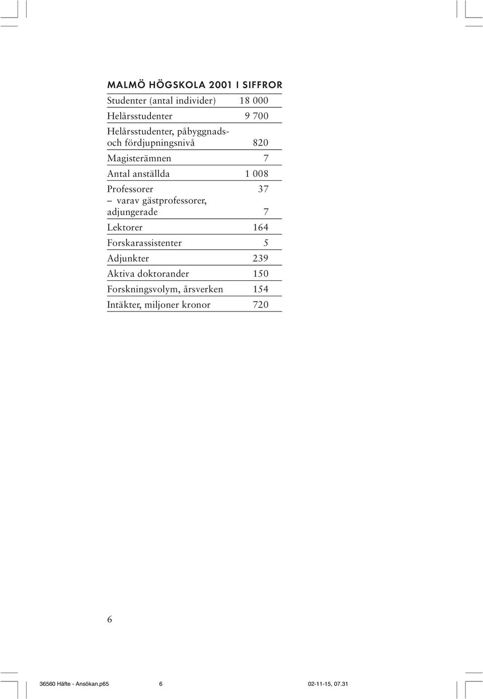 Professorer 37 varav gästprofessorer, adjungerade 7 Lektorer 164 Forskarassistenter 5 Adjunkter