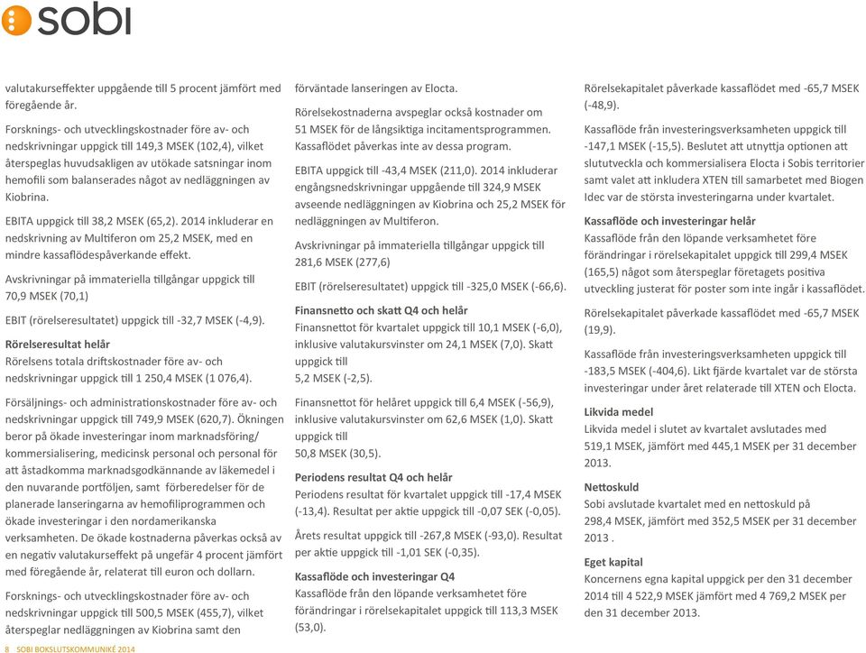 nedläggningen av Kiobrina. EBITA uppgick till 38,2 MSEK (65,2). 2014 inkluderar en nedskrivning av Multiferon om 25,2 MSEK, med en mindre kassaflödespåverkande effekt.