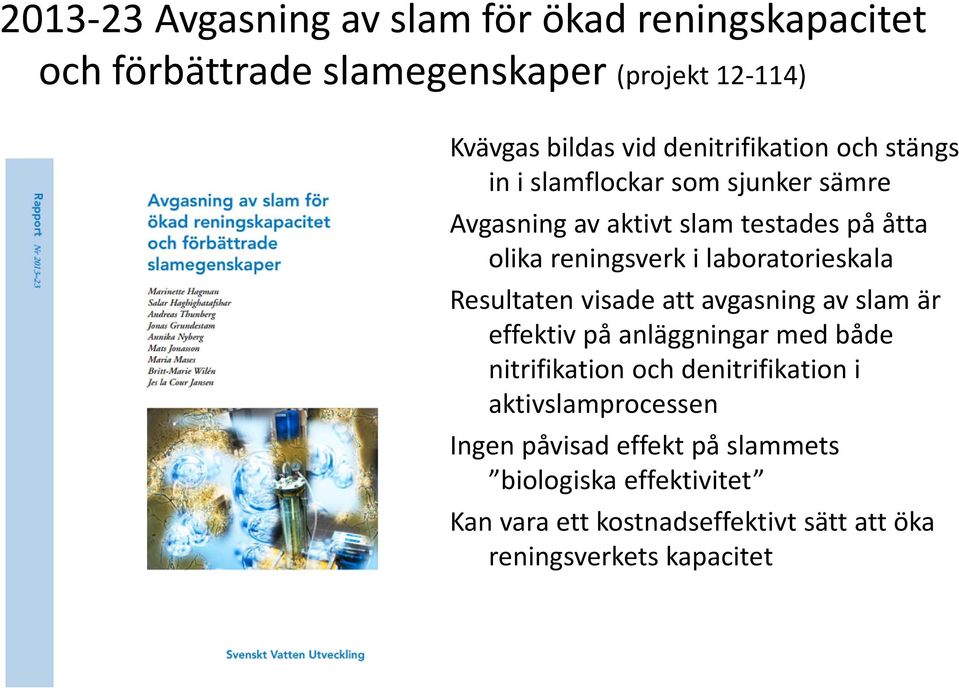 laboratorieskala Resultaten visade att avgasning av slam är effektiv på anläggningar med både nitrifikation och denitrifikation i