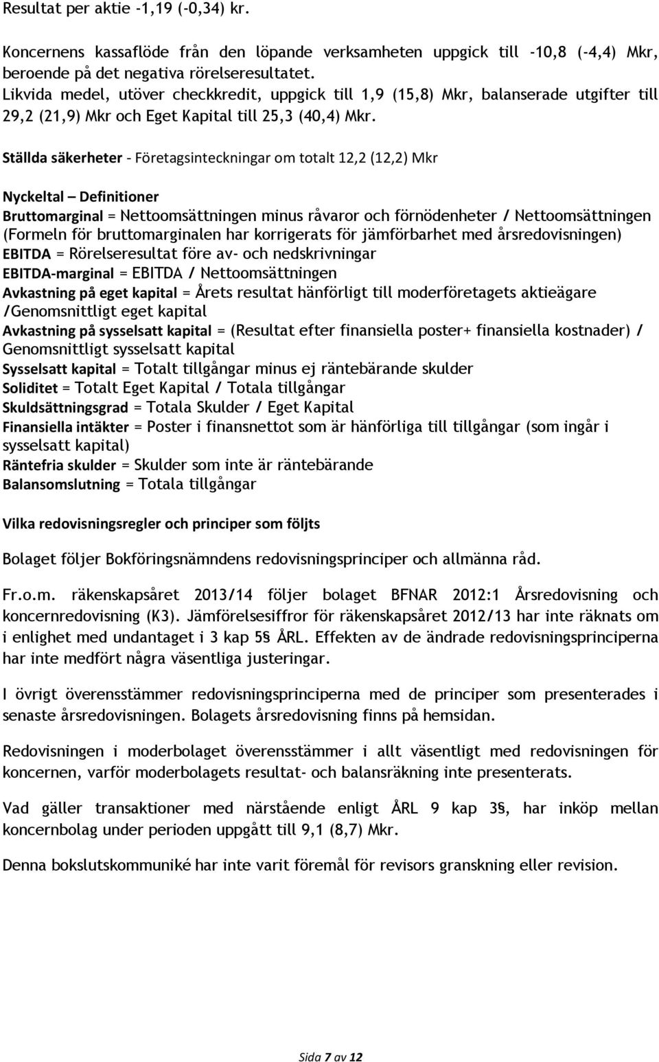 Ställda säkerheter - Företagsinteckningar om totalt 12,2 (12,2) Mkr Nyckeltal Definitioner Bruttomarginal = Nettoomsättningen minus råvaror och förnödenheter / Nettoomsättningen (Formeln för