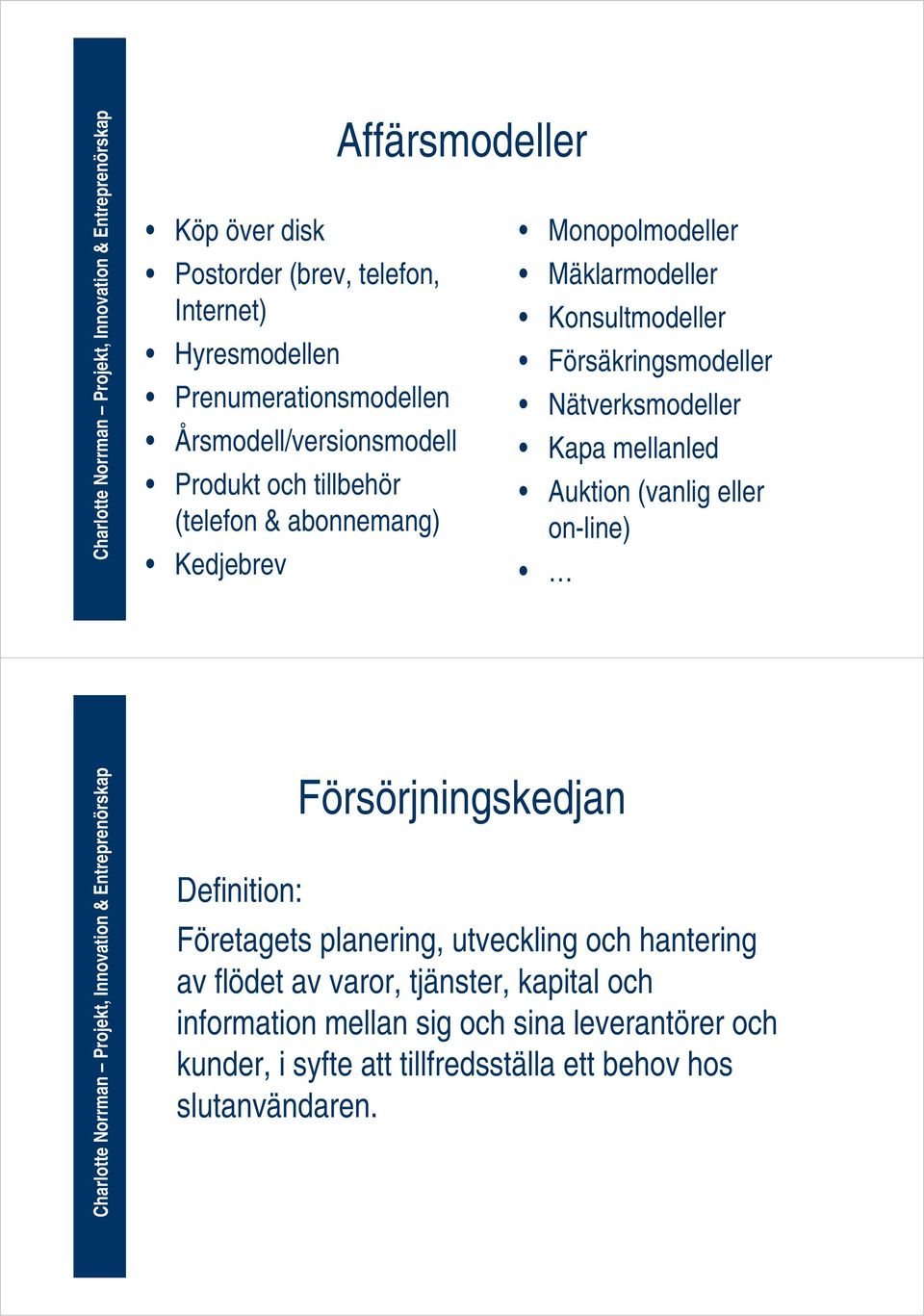 mellanled Auktion (vanlig eller on-line) Försörjningskedjan Definition: Företagets planering, utveckling och hantering av flödet av