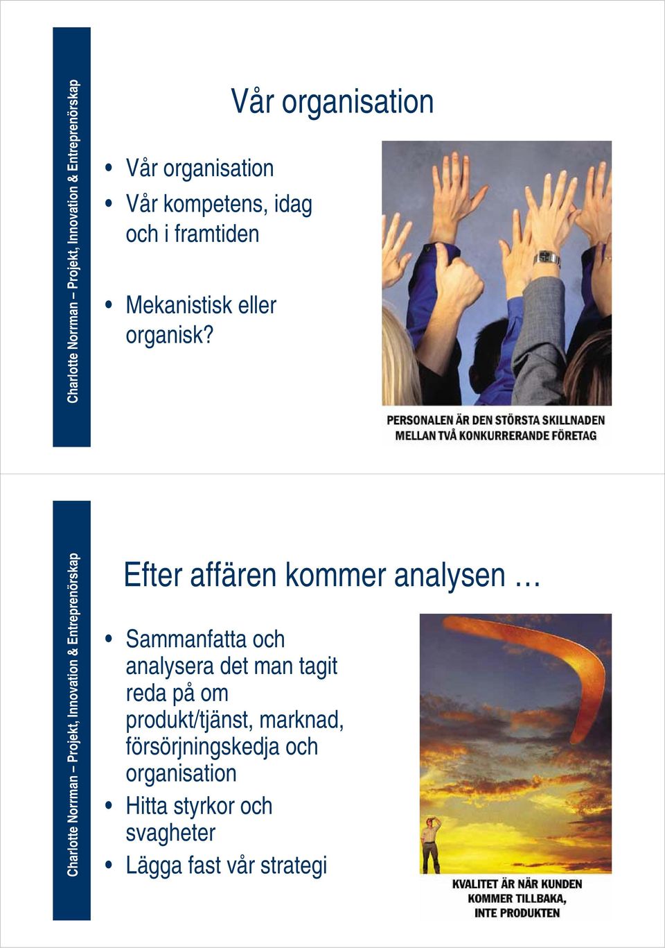 Vår organisation Efter affären kommer analysen Sammanfatta och analysera