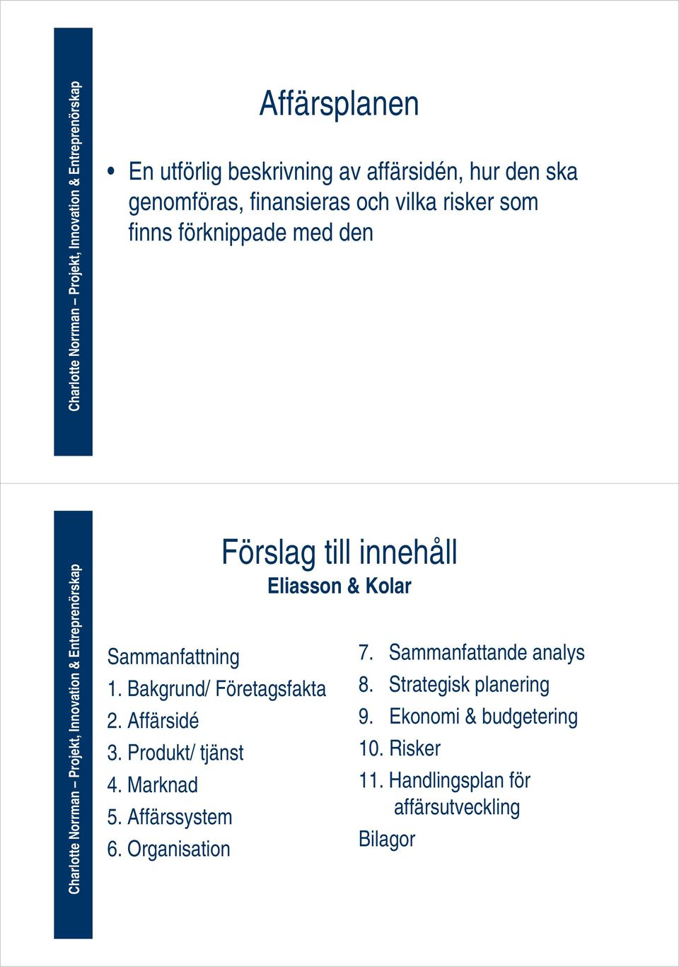 Marknad 5. Affärssystem 6. Organisation Förslag till innehåll Eliasson & Kolar 7. Sammanfattande analys 8.