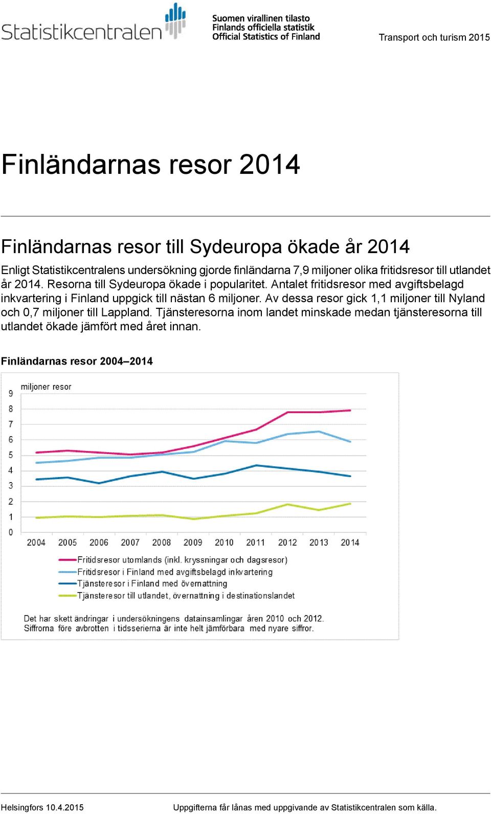 Antalet fritidsresor med avgiftsbelagd inkvartering i Finland uppgick till nästan 6 miljoner.