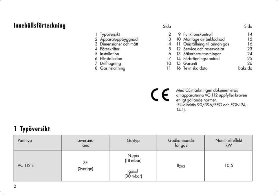 Förbränningskontroll 25 15 Garanti 26 16 Tekniska data baksida Med CE-märkningen dokumenteras alt apparaterna VC 112 uppfyller kraven enligt gällande normer.