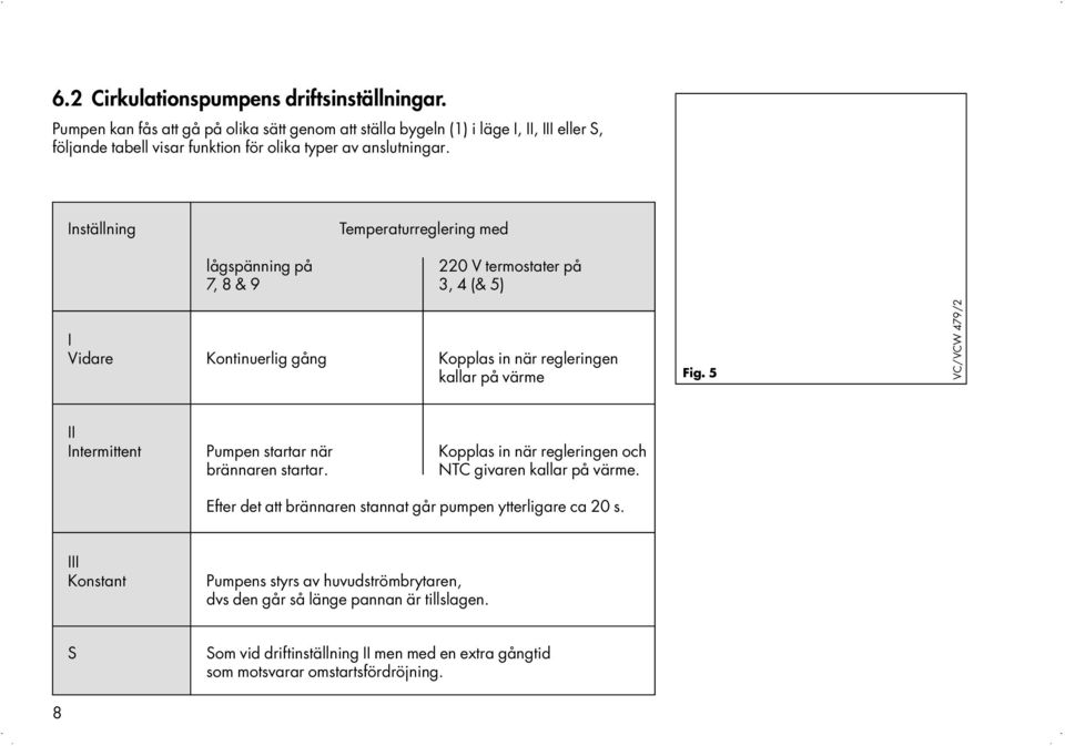 Inställning Temperaturreglering med lågspänning på 220 V termostater på 7, 8 & 9 3, 4 (& 5) I Vidare Kontinuerlig gång Kopplas in när regleringen kallar på värme Fig.