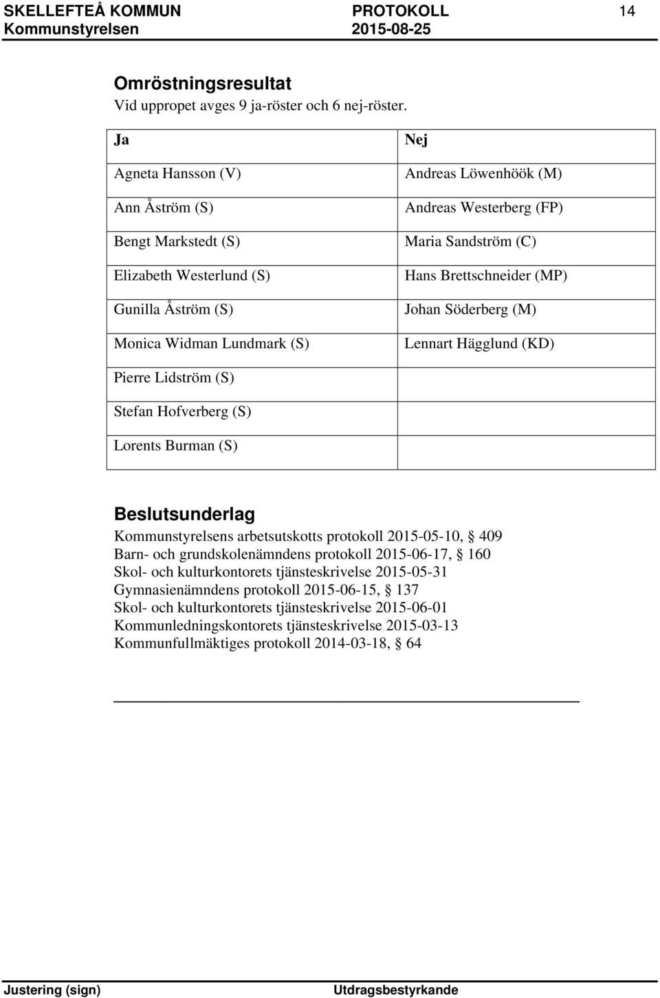 (C) Hans Brettschneider (MP) Johan Söderberg (M) Lennart Hägglund (KD) Pierre Lidström (S) Stefan Hofverberg (S) Lorents Burman (S) Kommunstyrelsens arbetsutskotts protokoll 2015-05-10, 409 Barn-