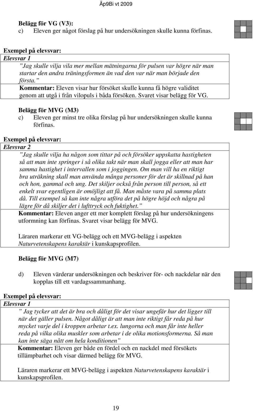 Kommentar: Eleven visar hur försöket skulle kunna få högre validitet genom att utgå i från vilopuls i båda försöken. Svaret visar belägg för VG.