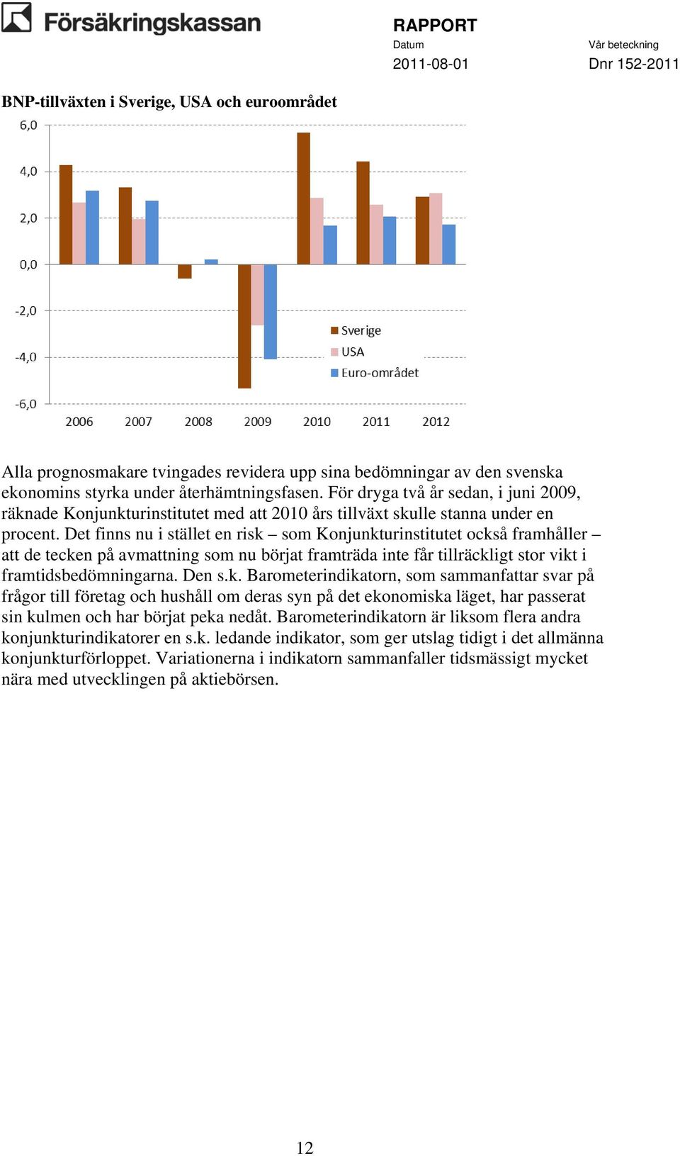 Det finns nu i stället en risk som Konjunkturinstitutet också framhåller att de tecken på avmattning som nu börjat framträda inte får tillräckligt stor vikt i framtidsbedömningarna. Den s.k. Barometerindikatorn, som sammanfattar svar på frågor till företag och hushåll om deras syn på det ekonomiska läget, har passerat sin kulmen och har börjat peka nedåt.