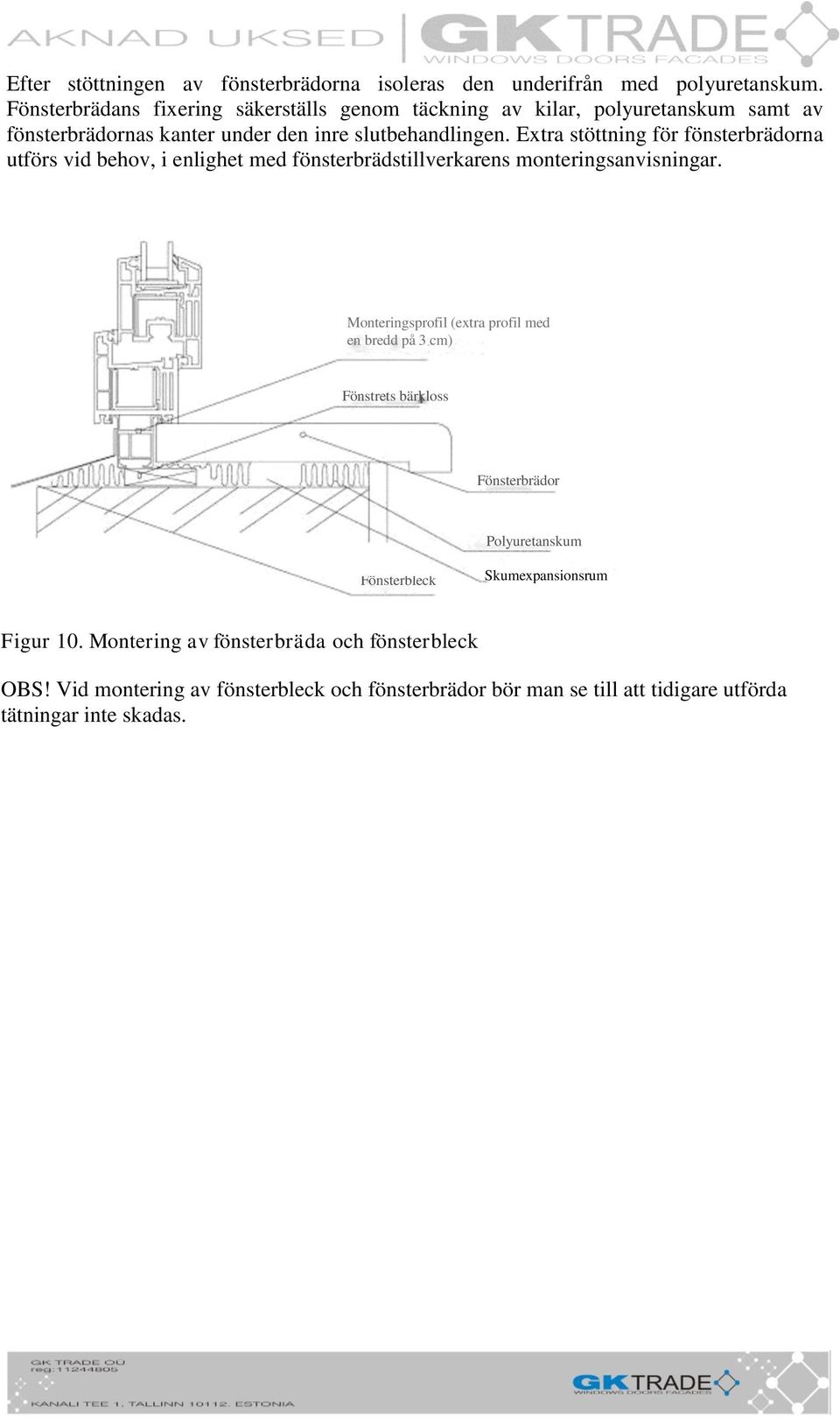 Extra stöttning för fönsterbrädorna utförs vid behov, i enlighet med fönsterbrädstillverkarens monteringsanvisningar.