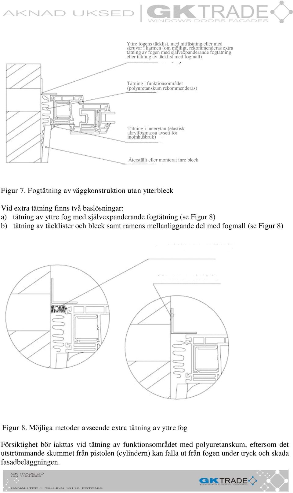 Fogtätning av väggkonstruktion utan ytterbleck Vid extra tätning finns två baslösningar: a) tätning av yttre fog med självexpanderande fogtätning (se Figur 8) b) tätning av täcklister och bleck samt