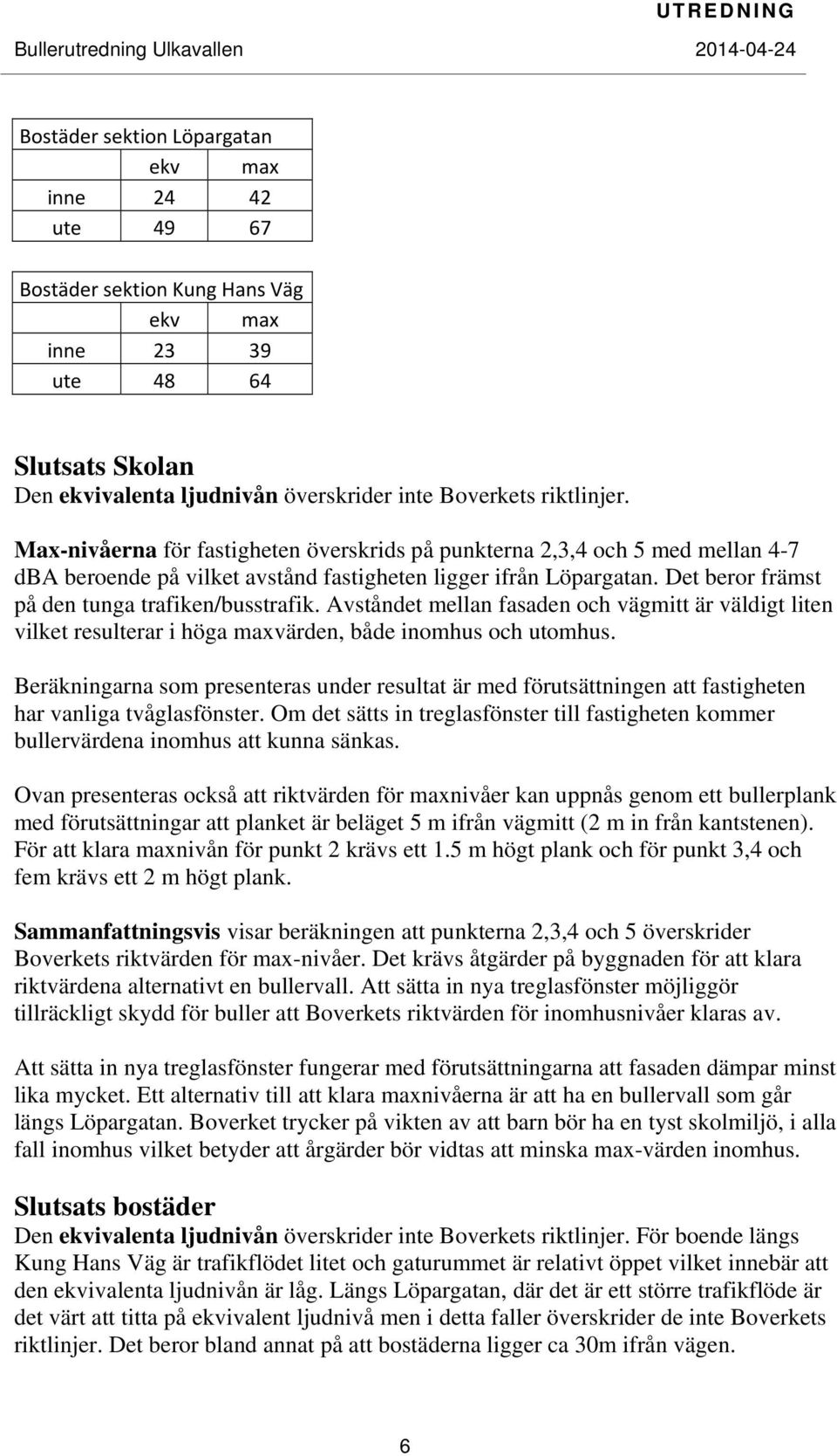 Avståndet mellan fasaden och vägmitt är väldigt liten vilket resulterar i höga maxvärden, både inomhus och utomhus.