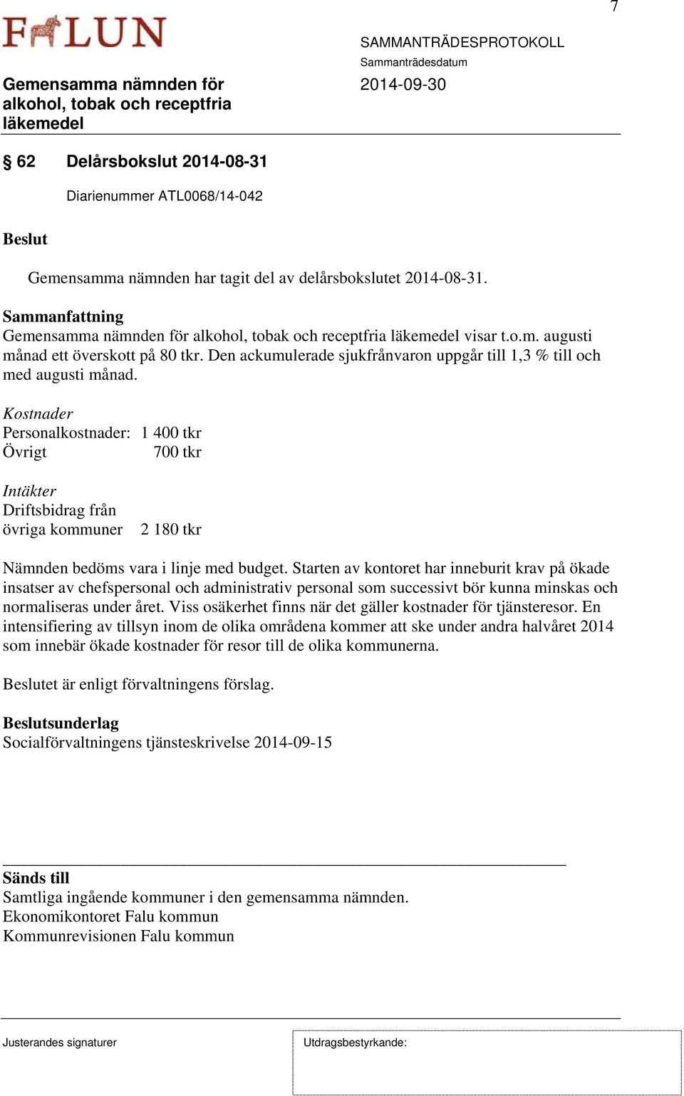 Kostnader Personalkostnader: 1 400 tkr Övrigt 700 tkr Intäkter Driftsbidrag från övriga kommuner 2 180 tkr Nämnden bedöms vara i linje med budget.