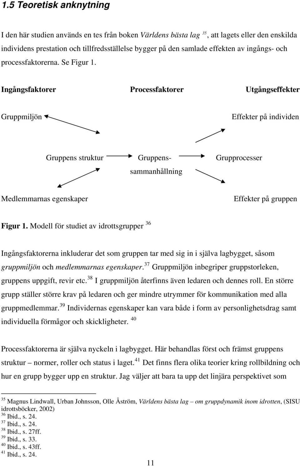 Ingångsfaktorer Processfaktorer Utgångseffekter Gruppmiljön Effekter på individen Gruppens struktur Gruppens- Grupprocesser sammanhållning Medlemmarnas egenskaper Effekter på gruppen Figur 1.