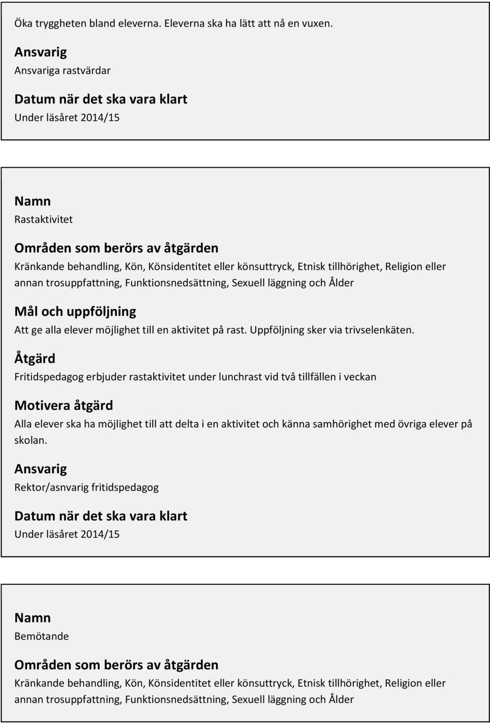 Sexuell läggning och Ålder Att ge alla elever möjlighet till en aktivitet på rast. Uppföljning sker via trivselenkäten.