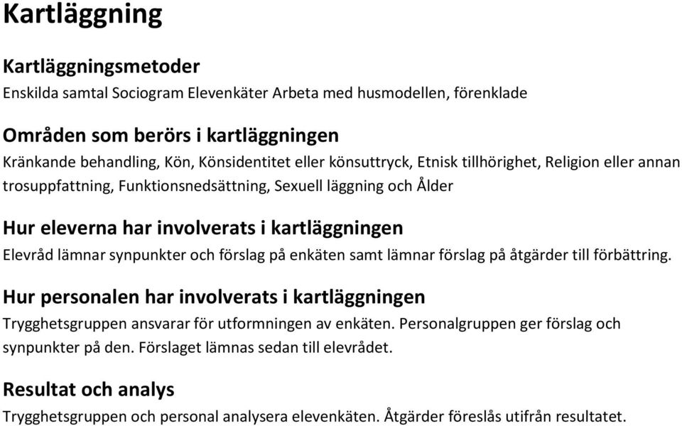 synpunkter och förslag på enkäten samt lämnar förslag på åtgärder till förbättring. Hur personalen har involverats i kartläggningen Trygghetsgruppen ansvarar för utformningen av enkäten.