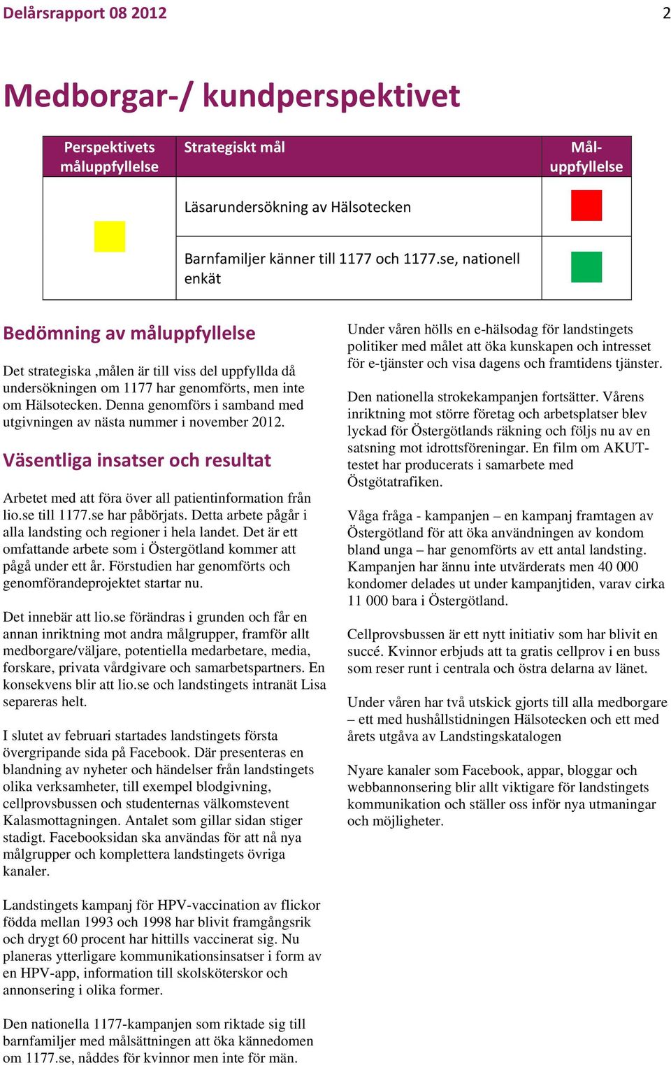 Denna genomförs i samband med utgivningen av nästa nummer i november 2012. Väsentliga insatser och resultat Arbetet med att föra över all patientinformation från lio.se till 1177.se har påbörjats.