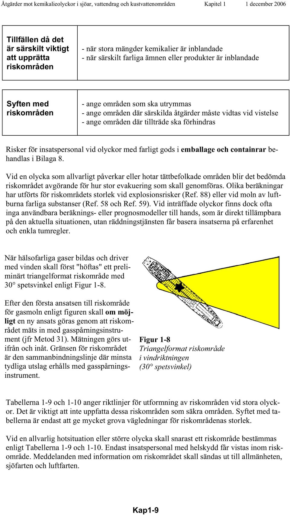 områden där tillträde ska förhindras Risker för insatspersonal vid olyckor med farligt gods i emballage och containrar behandlas i Bilaga 8.