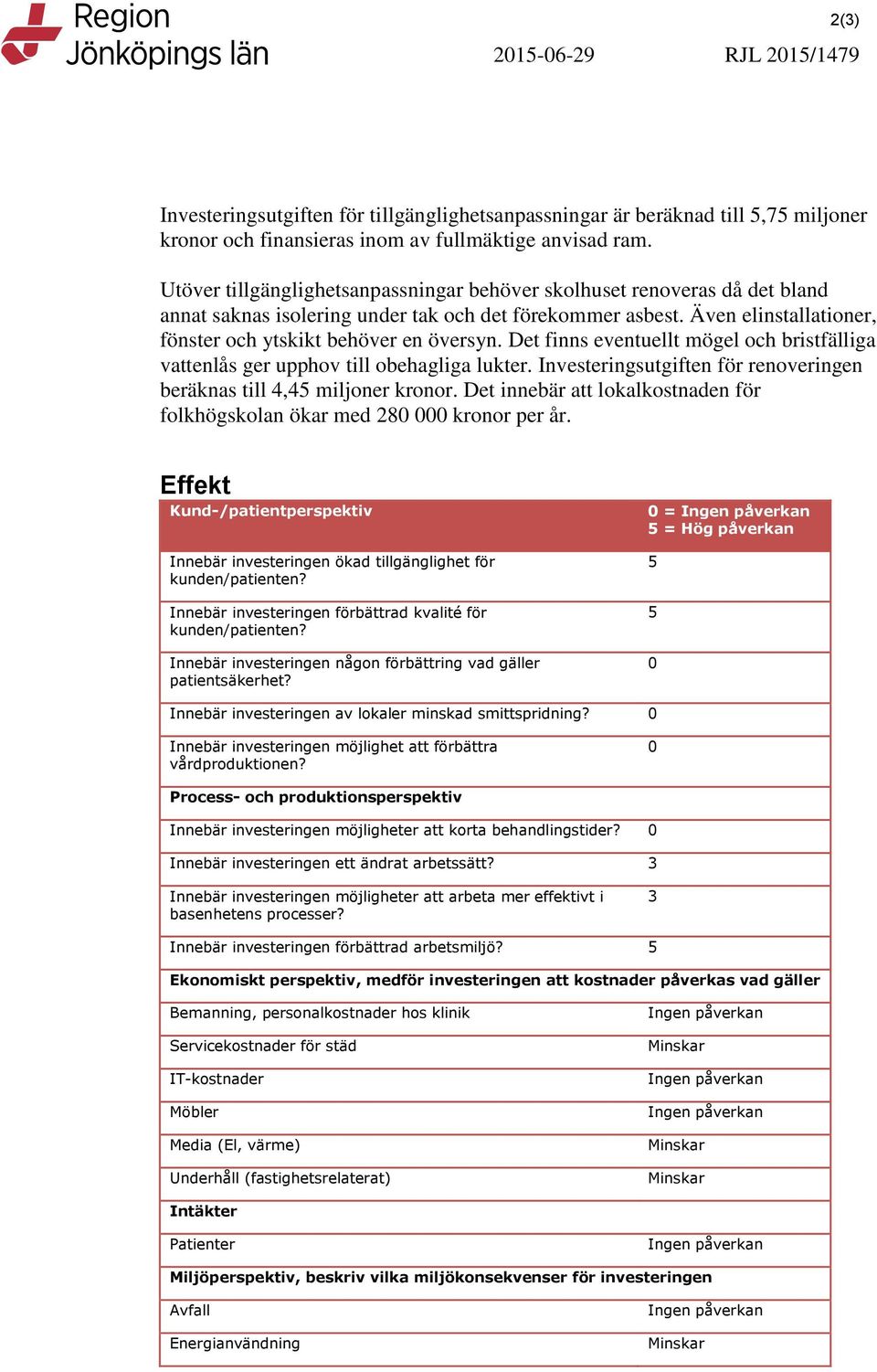 Det finns eventuellt mögel och bristfälliga vattenlås ger upphov till obehagliga lukter. Investeringsutgiften för renoveringen beräknas till 4,45 miljoner kronor.